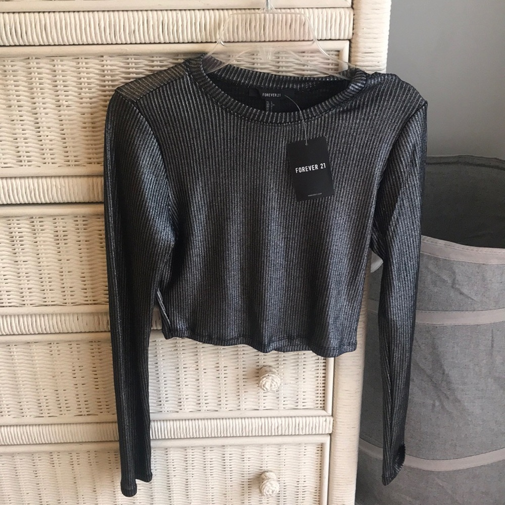 Black and Silver Metallic Long Sleeve Crop Top